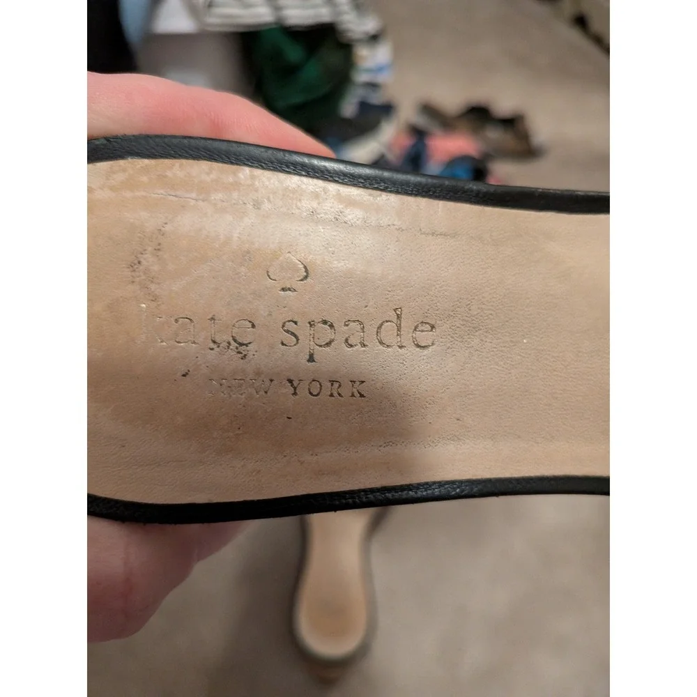 Kate Spade New York Black Leather Cork Wedge Sandals Strappy Platform Slides 4in
